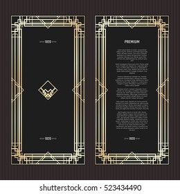 Vector geometric cards in Art Deco style. Light golden flyers. Premium vector frame in luxury style. Restaurant menu with logo. Black and gold tickets.