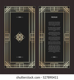 Vector geometric cards in Art Deco style. Light golden flyers. Premium vector frame in luxury style. Restaurant menu with logo. Black and gold tickets.