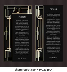 Vector geometric cards in Art Deco style. Light golden flyers. Premium vector frame in luxury style. Restaurant menu. Black and gold tickets.
