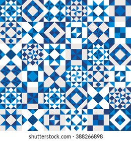 Vector Geometric Ceramic Texture Made Of Blue, Navy And White Pieces. Portugal Style Seamless Pattern.