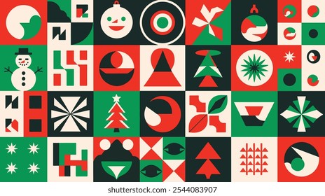 Vector geometric Christmas 2025 concept with modern, minimal flat pattern design. Simple and fashionable elements create a stylish background for seasonal decor.