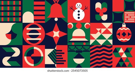 Vector geometric Christmas 2025 concept with modern, minimal flat pattern design. Simple and fashionable elements create a stylish background for seasonal decor.