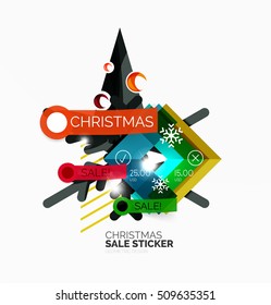Vector Geometric Christmas Sale Stickers - shiny paper style elements with holiday concepts - Snowflake and New Year Tree