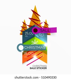 Vector Geometric Christmas Sale Stickers - shiny paper style elements with holiday concepts - Snowflake and New Year Tree