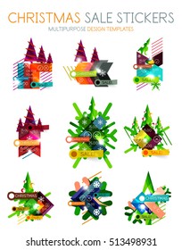 Vector Geometric Christmas Sale Stickers - shiny paper style elements with holiday concepts - Snowflake and New Year Tree