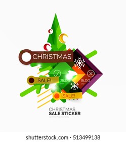 Vector Geometric Christmas Sale Stickers - shiny paper style elements with holiday concepts - Snowflake and New Year Tree