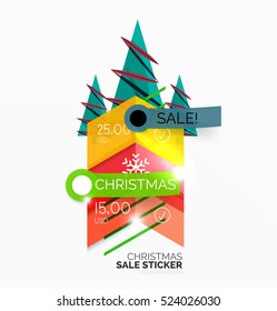 Vector Geometric Christmas Sale Stickers - shiny paper style elements with holiday concepts - Snowflake and New Year Tree