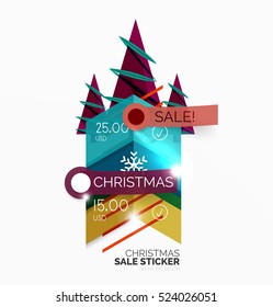 Vector Geometric Christmas Sale Stickers - shiny paper style elements with holiday concepts - Snowflake and New Year Tree