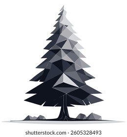 Vector Geometric Christmas Tree in Low Poly Art Style with Sharp Triangular Shapes and a Minimalist Monochromatic Design