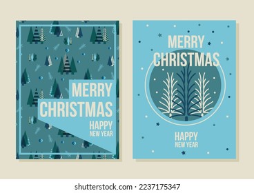 Vector geometric Christmas trees New Year Set of greeting cards, holiday posters with big modern typography. Templates in blue green beige winter colors. Bauble, branches, stars, fir trees pattern. 