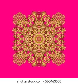 Vector geometric circle elements. Oriental motifs. Round Ornament Pattern on a magenta background. Golden Mandala. Spiritual and ritual symbol of Islam, Arabic, Indian religions.