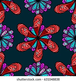 Vector geometric circle elements. Oriental motifs. Spiritual and ritual symbol of Islam, Arabic, Indian religions. Round Ornament Pattern on a blue background. Colored Mandala.