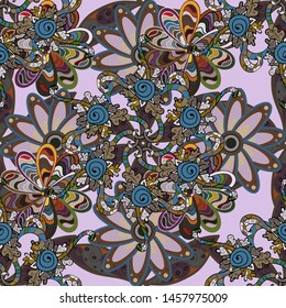 Vector geometric circle elements. Round Ornament Pattern on a gray, neutral and brown colors. Spiritual and ritual symbol of Islam, Arabic, Indian religions. Oriental motifs. Colored Flower.