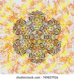 Vector geometric circle elements. Round Ornament Pattern on a gray, yellow and orange colors. Colored Mandala. Oriental motifs. Spiritual and ritual symbol of Islam, Arabic, Indian religions.