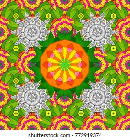 Vector geometric circle elements. Spiritual and ritual symbol of Islam, Arabic, Indian religions. Oriental motifs. Colored Mandala. Round Ornament Pattern on a green, yellow and white colors.