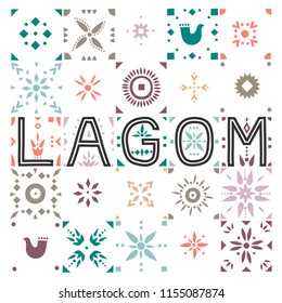 Vector geometric colored tiled pattern with the lettering Lagom (Swedish lifestyle).