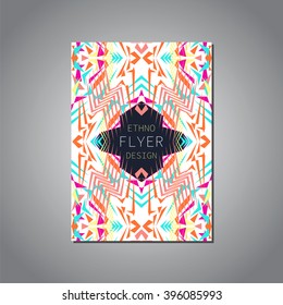 Vector geometric colorful brochure template for business and invitation. Ethnic, tribal, aztec style. Modern ethno ikat pattern 