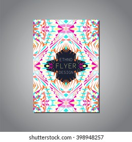 Vector geometric colorful brochure template for business and invitation. Ethnic, tribal, aztec style. Modern ethno ikat pattern