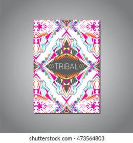 Vector geometric colorful brochure template for business and invitation. Ethnic, tribal, aztec style. A4 format. Modern ethno ikat pattern