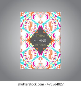 Vector geometric colorful brochure template for business and invitation. Ethnic, tribal, aztec style. A4 format. Modern ethno ikat pattern