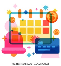 Vetor geométrico colorido ilustração plana de calendário, cartão de crédito, moedas e alerta de sino. Lembrete de pagamento, notificação, planejamento, conceito de economia orçamentária