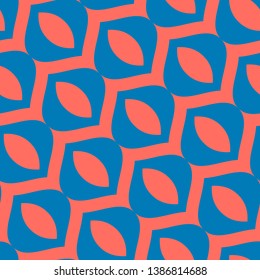 Vector geometric colorful seamless pattern. Abstract ornament texture with diagonal mesh, lattice, curved shapes. Modern repeat background in trendy colors, living coral and bright blue. Repeat design