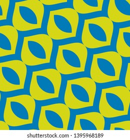 Vector geometric colorful seamless pattern. Bright blue and lime green color. Abstract ornament texture with diagonal mesh, lattice, curved shapes, cells. Modern repeat background. Design for decor