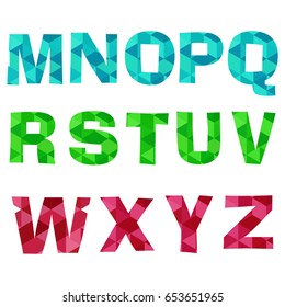 Vector geometric colorized shapes alphabet letters. Polygonal style.