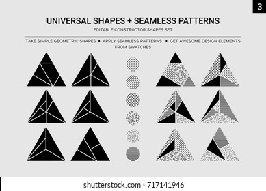 Vector geometric constructor shapes set. You can easy edit, paint, ungroup and change figures, create own design of clothing, interior, decor etc. All seamless patterns in swatches, apply it for forms