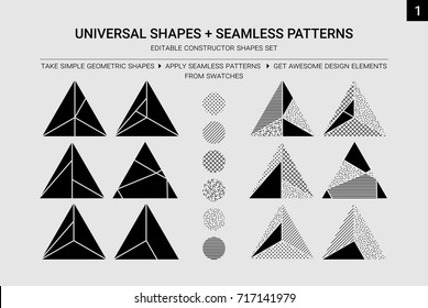 Vector geometric constructor shapes set. You can easy edit, paint, ungroup and change figures, create own design of clothing, interior, decor etc. All seamless patterns in swatches, apply it for forms