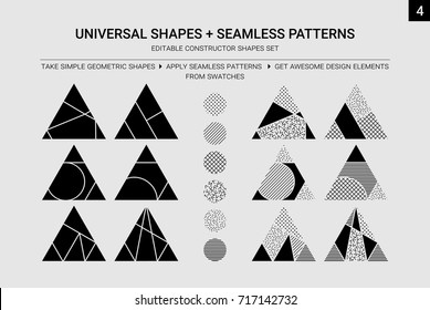 Vector geometric constructor shapes set. You can easy edit, paint, ungroup and change figures, create own design of clothing, interior, decor etc. All seamless patterns in swatches, apply it for forms