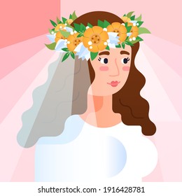 Retrato contemporáneo geométrico vectorial de una hermosa mujer. Novia con velo y avatar de flores. Joven novia con peinado de estilo rústico o natural