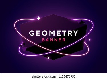 Banner gloso geométrico oscuro vectorial con órbitas de neón. Diseño de papel de origami de moda. Espacio púrpura y fondo de estrellas.