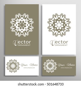 Vector geometric design element for logo, icon, label, emblem. Business cards set with mandala round ethnic motif. Isolated floral pattern, stylized flower, linear ornament