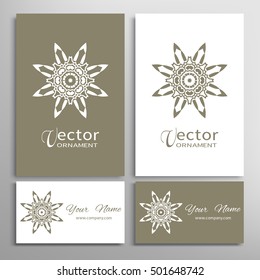 Vector geometric design element for logo, icon, label, emblem. Business cards set with mandala round ethnic motif. Isolated floral pattern, stylized flower, linear ornament