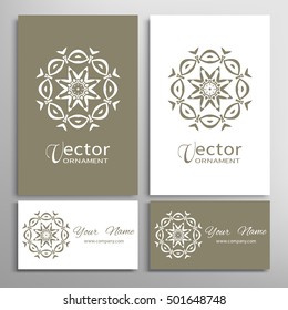 Vector geometric design element for logo, icon, label, emblem. Business cards set with mandala round ethnic motif. Isolated floral pattern, stylized flower, linear ornament
