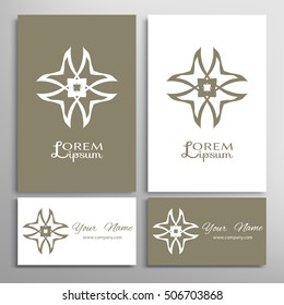 Vector geometric design element for logo, icon, label, emblem. Business cards set with mandala round ethnic motif. Isolated floral pattern, stylized lotus flower, ornamental sign symbol