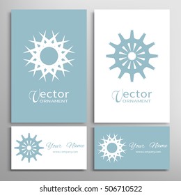 Vector geometric design element for logo, icon, label, emblem. Business cards set with mandala round ethnic motif. Isolated floral pattern, stylized lotus flower, ornamental sign symbol