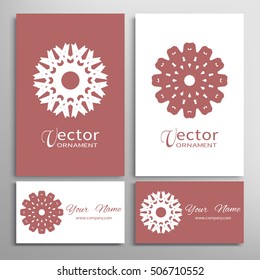 Vector geometric design element for logo, icon, label, emblem. Business cards set with mandala round ethnic motif. Isolated floral pattern, stylized lotus flower, ornamental sign symbol