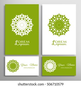 Vector geometric design element for logo, icon, label, emblem. Business cards set with mandala round ethnic motif. Isolated floral pattern, stylized lotus flower, ornamental sign symbol