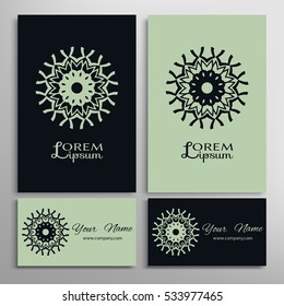 Vector geometric design element for logo, icon, label, emblem. Business cards set with mandala round ethnic motif. Isolated floral pattern, stylized flower, linear ornament