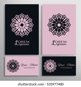 Vector geometric design element for logo, icon, label, emblem. Business cards set with mandala round ethnic motif. Isolated floral pattern, stylized flower, linear ornament