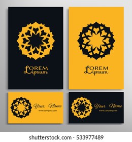 Vector geometric design element for logo, icon, label, emblem. Business cards set with mandala round ethnic motif. Isolated floral pattern, stylized flower, linear ornament