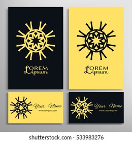 Vector geometric design element for logo, icon, label, emblem. Business cards set with mandala round ethnic motif. Isolated floral pattern, stylized flower, linear ornament