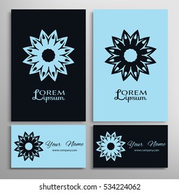 Vector geometric design element for logo, icon, label, emblem. Business cards set with mandala round ethnic motif. Isolated floral pattern, stylized flower, linear ornament