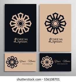 Vector geometric design element for logo, icon, label, emblem. Business cards set with mandala round ethnic motif. Isolated floral pattern, stylized flower, linear ornament