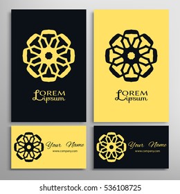 Vector geometric design element for logo, icon, label, emblem. Business cards set with mandala round ethnic motif. Isolated floral pattern, stylized flower, linear ornament
