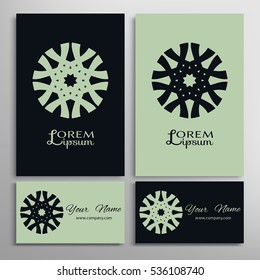 Vector geometric design element for logo, icon, label, emblem. Business cards set with mandala round ethnic motif. Isolated floral pattern, stylized flower, linear ornament