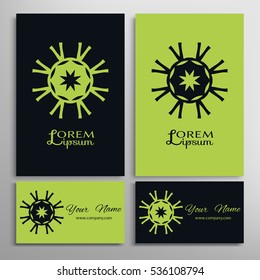 Vector geometric design element for logo, icon, label, emblem. Business cards set with mandala round ethnic motif. Isolated floral pattern, stylized flower, linear ornament