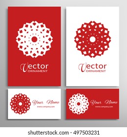 Vector geometric design elements for logo, icon, label, emblem. Mandala round ornament, business cards set. Isolated line floral shape, stylized flower, star, snowflake. Decoration for invitation card